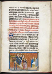 Cotton Tiberius B. VIII f.63r Parowie Francji prowadzą króla do tronu na solium, z „Księgi koronacyjnej Karola V, króla Francji”