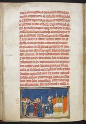 Cotton Tiberius B. VIII f. 65v Król Karol V klęczy, gdy arcybiskup Reims wkłada mu do ust hostię, ilustracja z Księgi koronacyjnej Karola V, króla Francji