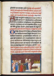 Cotton Tiberius B. VIII f.69r Królowa otrzymuje berło i laskę, z „Księgi koronacyjnej Karola V, króla Francji”