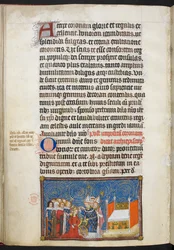 Cotton Tiberius B. VIII f.69v, Arcybiskup Reims wkłada koronę na głowę królowej, a baronowie podtrzymują jej koronę, ilustracja z „Księgi koronacyjnej Karola V, króla Francji”