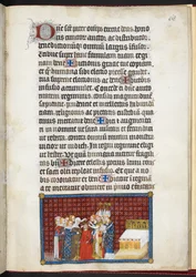 Cotton Tiberius B. VIII f.70r Baronowie podtrzymują koronę królowej, z „Księgi koronacyjnej Karola V, króla Francji”