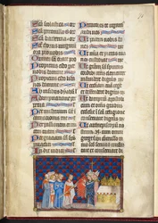 Cotton Tiberius B. VIII f.73r, Arcybiskup Reims błogosławi Oriflamme, ilustracja z „Księgi koronacyjnej Karola V, króla Francji”