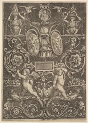 Panel ornamentu, putta stojące na rogu obfitości w dolnej części, 1530-60.
