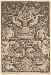 Panel ornamentu z dużym słojem pośrodku, putta i inne figury, 1530-60.