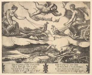 Alegoria małżeństwa i miłości, Junona w rydwanie ciągniętym przez pawie po lewej, Wenus w ..., 1530-60