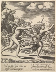 Apollo goni Daphne, która macha ramionami w górze, w tle po prawej stronie pokazuje chwila..., 1530-60.