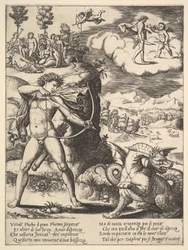 Apollo stojący po lewej strzelający do pytona ze strzałą, powyżej po lewej muza..., 1530-60.