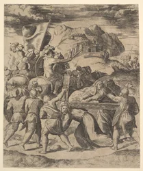 Chrystus niosący krzyż w otoczeniu żołnierzy, kilku na koniach, 1530-60.