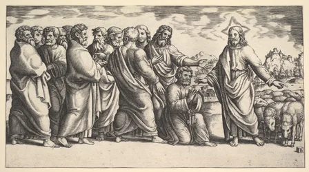 Chrystus stojący po lewej wskazujący na stado owiec, przed nim klęka św. Piotr św..., 1530-60.