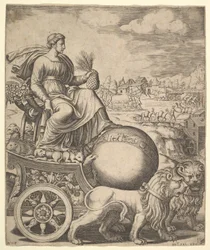 Kybele w swoim rydwanie ciągniętym przez dwa lwy, 1530-60.
