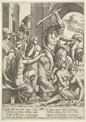 Zazdrość lub skąpstwo po prawej wypędzane ze świątyni Muz przez Herkulesa, który ..., 1530-60.