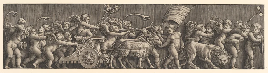 Układ fryzowy przedstawiający Triumf Miłości, Kupidyn w rydwanie prowadzonym przez kozy, mężczyzna..., 1530-60.