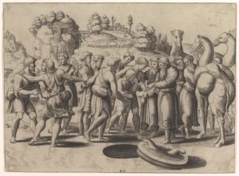 Józef pośrodku sprzedawany przez braci stojących nad studnią, po prawej wielbłądy, 1533.
