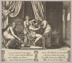 Tablica 10: nimfy pomagające Psyche ubierać włosy, z „Bajki o Psyche”, 1530-60.