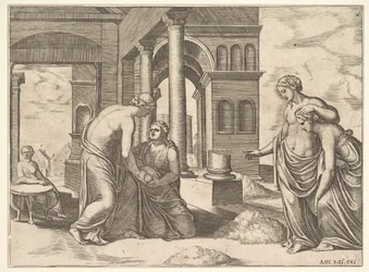 Płyta 22: Wenus nakazuje Psyche sortowanie kupy zboża, z „Bajki o Psyche”, 1530-60.