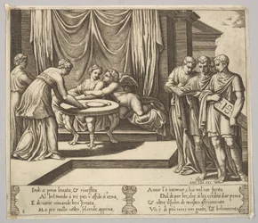 Obrazek 8: Psyche siedząca przy stole w towarzystwie niewidzialnych sług, Eros obok g..., 1530-60.