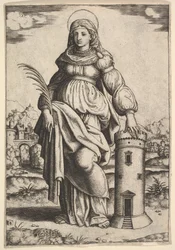 Święta Barbara stojąca z dłonią w prawej ręce, lewą opartą o wieżę, 1530-60.