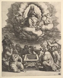 Wniebowzięcie Najświętszej Marii Panny, poniżej apostołów otacza grób, 1530-60.