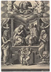 Koronacja Najświętszej Marii Panny, na dole po lewej stronie św. Jan Chrzciciel, na dole po prawej..., 1530-60.