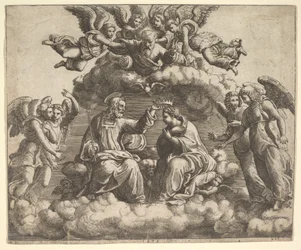 Koronacja Matki Boskiej, Chrystus trzyma koronę nad jej głową, Bóg Ojciec błogosławi..., 1532.