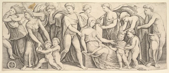 Ślub Jasona i Creusy, po lewej Medea zabiera swoje dzieci, 1530-60.