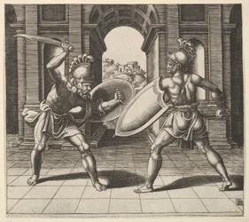 Dwóch gladiatorów walczących przed łukiem, 1530-60.