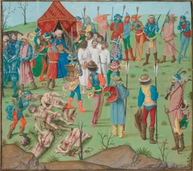 Bitwa pod Nikopolem po masakrze chrześcijan w zemście za masakrę w Rahova. Jean Froissart, Kroniki, Flandres, Brugia
