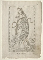 Historia Clio z serii Tarocchi D: Apollo and the Muses, #19, przed 1467.
