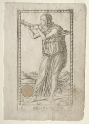 Tragedia Melpomena z serii D Tarocchi: Apollo i muzy, nr 17, przed 1467.