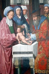 Muzeum Evory. Mistrz ołtarza Evora. Obrzezanie Chrystusa. Olej na desce. Szkoła flamandzka 1500. Portugalia.