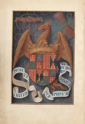 Godziny królowej Izabeli Katolickiej, królowej Hiszpanii: Fol. 1v, Broń i motta Isabel la Católica