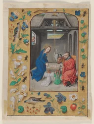 Liść wycięty z księgi godzin: Narodzenie Pańskie, ok. 1480 (tusz, tempera i płynne złoto na welinie)