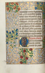 Księga Godzinek (użytek z Rouen): fol. 18v, Modlitwy do Dziewicy, duży inicjał O z misternym obramowaniem