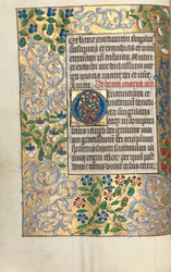Księga godzin Korzystanie z Rouen: fol. 22v, Duży inicjał O z rozbudowaną ramką, c. 1470.