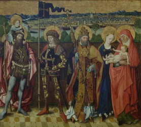 Św. Anna, Dziewica z Dzieciątkiem, Św. Krzysztof, Św. Gereon i Św. Piotr w krajobrazie, przedstawiający Kolonię i Siedem Wzgórz, ok. 1460-80 (dąb)