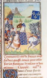 Harley 4380 fol.196v Król Karol VI (1366-1422) z Francji prowadzi ekspedycję przeciwko Calais, z części II tomu IV „Kroniki Froissarta” Jeana Froissarta (ok.1333-1404) (welum)