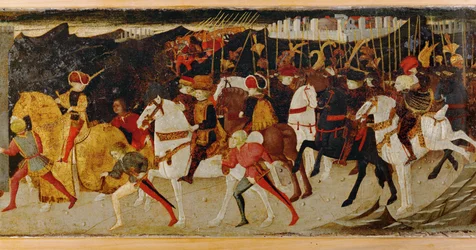 Grupa kawalerzystów na koniach (tempera na drewnie)