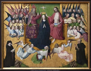 Koronacja Marii. Przedstawienie Trójcy Świętej: Bóg, Jezus Chrystus i gołębica Ducha Świętego. Obraz Mistrza Pasji Lyversberskiej (czynny 1460-1490), wczesna sztuka niemiecka XV wieku. Monachium, Alte