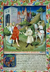 Jan z Mandeville (1300-1372) odebrał królowi Edwardowi II i opuścił Anglię. Miniatura w „Księdze cudów świata”” Ms 2810. Folio 141. Rękopis ogłoszony przez Mistrza Mazarine, napisany przez Jana (Jehana) z Mandeville (1300?-1372)