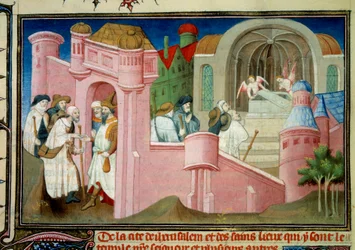 Pielgrzymi odwiedzają kościół Grobu Świętego i grób Chrystusa w Jerozolimie Miniatura w „Liber de quibusdam ultramarinis partibus et praecipue de Terra sancta” Wilhelma Bola