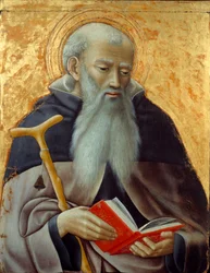 Św. Antoni, Reprezentacja Opata Św. Antoniego Wielkiego (250/251-356) (lub Św. Antoniego Pustelnika). Malowidło na drewnie Mistrza Spostrzegawczości (czynne ok. 1425-1450) Nd. 0,73x0,59 m²