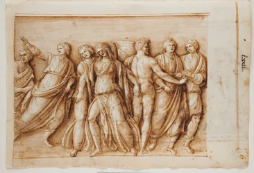 Folio 61, recto: Powrót Meleagera z rzymskiego sarkofagu, Rzym, Palazzo Barberini, ok. 1512-17 (pióro i brązowy tusz z brązowym lakierem)