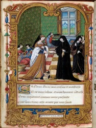 Margarita of Angoulema (1492-1549) Królowa Nawarry przedstawia swoją książkę księżnej Etampes i ulubieńcy Francois I Anne Pisseleu Page zaczerpnięta z rękopisu „”La coche ou Debat d