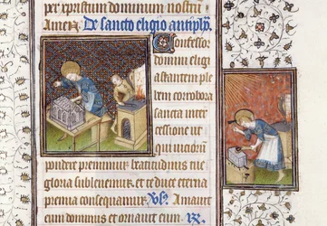 Ms 62 f.215r Św. Eligiusz buduje Sanktuarium; Św. Eligiusz w kowadle, z Księgi Godzin