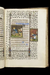 Ms 62 f.215r Św. Eligiusz buduje Sanktuarium; Św. Eligiusz w kowadle, z Księgi Godzin, ok. 1445-50 (welum)
