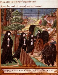 Przedstawienie królowej Nawarry Małgorzaty Angoulema (1492-1549) otoczonej przez jej towarzyszki wchodzącej na pokład powozu na spacer”” Strona zaczerpnięta z rękopisu „”La coche ou Debat d