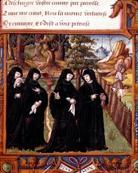 Reprezentacja Królowej Nawarry Małgorzata Angoulema (1492-1549) rozmawiająca ze swoimi towarzyszami Strona zaczerpnięta z rękopisu „”La coche ou Debat d