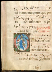 Wniebowzięcie NMP, f.72v z graduału, koniec XV w. (atrament, tempera i złoto płatkowe na pergaminie)