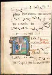 Św. Piotr wyzwolony z więzienia, f.58v ze stopniowego, koniec XV w. (atrament, tempera i złoto płatkowe na pergaminie)