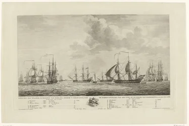 Holenderska flota wojenna u wybrzeży Rammekens, 1782-1783 Widok narodowych okrętów wojennych pod dowództwem kontradmirała van Kruyne na redzie Rammekens, w den Jaare 1782 i 1783 (tytuł na obiekcie)